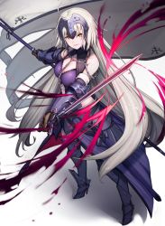 Rule 34 | 1girl, ahoge, amano misaki, armor, armored boots, armored dress, banner, bare shoulders, black legwear, boots, breasts, chain, cleavage, fate/grand order, fate (series), gauntlets, grey hair, headpiece, highres, jeanne d&#039;arc (fate), jeanne d&#039;arc alter (avenger) (fate), jeanne d&#039;arc alter (avenger) (third ascension) (fate), jeanne d&#039;arc alter (fate), long hair, looking at viewer, smile, solo, weapon, yellow eyes