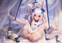Rule 34 | 1girl, arms up, azur lane, blue bow, blue bowtie, blue flower, blush, bottle, bound, bound ankles, bound arms, bouquet, bow, bowtie, breasts, cameltoe, closed mouth, copyright name, dress, flower, gloves, hair flower, hair ornament, hair spread out, high heels, laffey (azur lane), laffey (white rabbit&#039;s oath) (azur lane), leotard, long hair, looking at viewer, manjuu (azur lane), official alternate costume, pantyhose, red eyes, ring box, sarena, small breasts, solo, spread legs, thighband pantyhose, torn clothes, torn pantyhose, twintails, very long hair, wedding dress, white flower, white footwear, white gloves, white hair, white leotard, white pantyhose, wine bottle