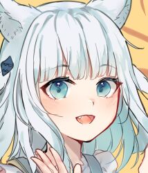 Rule 34 | 1girl, :d, animal ear fluff, animal ears, blue eyes, blush, cat ears, commentary, english commentary, fang, gawr gura, hair ornament, hand up, hololive, hololive english, kobutanori, looking at viewer, open mouth, portrait, smile, solo, two side up, virtual youtuber, white hair