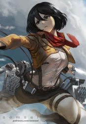 Rule 34 | 1girl, artist name, belt, black eyes, black hair, bob cut, boots, cloud, commentary, cropped jacket, david semsei, english commentary, facial scar, fighting, frown, furrowed brow, grey pants, hair between eyes, highres, holding, holding weapon, jacket, long bangs, looking to the side, mikasa ackerman, mixed-language commentary, pants, paradis military uniform, patreon username, red neckwear, red scarf, scar, scar on cheek, scar on face, scarf, shingeki no kyojin, shirt, short hair, sky, solo, sword, thigh boots, thigh strap, thighhighs, three-dimensional maneuver gear, watermark, weapon, web address, white shirt