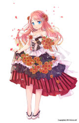Rule 34 | 1girl, bare shoulders, blue eyes, blush, breasts, cleavage, closed mouth, collarbone, cross-laced clothes, dress, flower, full body, hair flower, hair ornament, high heels, jin young-in, long hair, off-shoulder dress, off shoulder, original, petals, pink hair, simple background, solo, standing, tears, white background