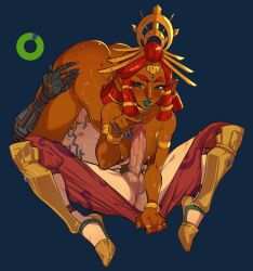 Rule 34 | 1boy, 1girl, 69, anus, armlet, blue hair, blue lips, blush, bracelet, breasts, clothes pull, dark-skinned female, dark nipples, dark skin, desert voe set (zelda), erection, fingernails, gameplay mechanics, gerudo, gold bracelet, gold ring, green eyes, hanging breasts, jewelry, kukumomo, link, long fingernails, male pubic hair, multiple rings, neck ring, nintendo, nipples, pants, pants pull, parted lips, penis, pointy ears, pubic hair, red hair, revision, riju, ring, shin guards, smile, sweat, testicles, the legend of zelda, the legend of zelda: tears of the kingdom, tiara, uncensored, undressing another