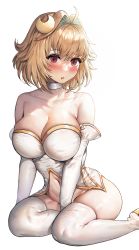 Rule 34 | 1girl, ahoge, arcueid brunestud, bare shoulders, blonde hair, blush, breasts, choker, cleavage, collarbone, crescent, crescent hair ornament, elbow gloves, gloves, hair intakes, hair ornament, highres, large breasts, looking at viewer, navel, open mouth, red eyes, short hair, solo, suou-sensei, thighhighs, thighs, tsukihime, white gloves, white thighhighs