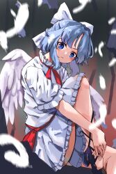 Rule 34 | 1girl, absurdres, angel wings, blue eyes, blue hair, bow, closed mouth, dress, feathered wings, feathers, frilled dress, frilled sleeves, frills, hair bow, highres, looking at viewer, mai (touhou), shedding, shedding feathers, short hair, short sleeves, solo, touhou, touhou (pc-98), vanilla flan, white bow, white dress, white wings, wings