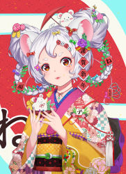 Rule 34 | 1girl, 2020, :3, absurdres, ahoge, animal, animal ear fluff, animal ears, animal on head, bamboo, blue nails, braid, braided hair rings, brown eyes, chinese zodiac, closed mouth, commentary request, double bun, fingernails, floral print, flower, furisode, hair bun, hair flower, hair ornament, hair rings, hands up, highres, holding, japanese clothes, kadomatsu, kimono, long sleeves, looking at viewer, mouse (animal), mouse ears, nail polish, obi, oil-paper umbrella, on head, original, pink nails, print kimono, purple flower, purple nails, red lips, red nails, red umbrella, sash, short eyebrows, silver hair, solo, thick eyebrows, translation request, twin braids, umbrella, upper body, wang man, wide sleeves, year of the rat, yellow nails