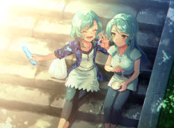 Rule 34 | 2girls, ^ ^, aqua hair, bang dream!, bottle, braid, closed eyes, dappled sunlight, dress, food, green eyes, highres, hikawa hina, hikawa sayo, holding, holding bottle, holding spoon, jewelry, long hair, lower teeth only, marble (toy), mitoha, multiple girls, open mouth, outdoors, pants, pendant, plaid, plaid shirt, ramune, shirt, short hair, siblings, side-by-side, sisters, sitting, smile, spoon, stairs, sunlight, swept bangs, teeth, twin braids, twins