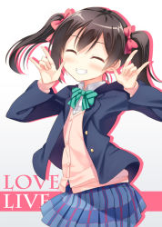 Rule 34 | 10s, 1girl, \m/, ^ ^, black hair, blazer, blush, bow, cardigan, closed eyes, copyright name, double \m/, closed eyes, grin, hair bow, hyuuga azuri, jacket, long hair, love live!, love live! school idol project, open jacket, open clothes, open jacket, school uniform, skirt, smile, solo, sweater, twintails, yazawa nico