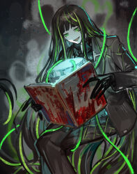 Rule 34 | 1girl, alfonso (project moon), barcode, barcode tattoo, black gloves, black hair, black jacket, blood, formal, gloves, green eyes, highres, jacket, limbus company, long hair, multicolored hair, nishikujic, open mouth, project moon, reading, sidelocks, sitting, smile, solo, streaked hair, suit, tattoo, tube, very long hair