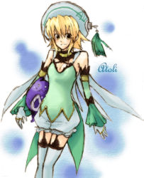 Rule 34 | .hack//, .hack//g.u., .hack//games, 00s, 1girl, atoli, atoli (.hack//), bandai, blonde hair, bloomers, breasts, cleavage, cyber connect 2, detached sleeves, garter straps, gloves, hat, short hair, smile, solo, thighhighs, underwear, white bloomers, white thighhighs, yellow eyes, zettai ryouiki