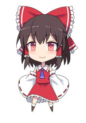 Rule 34 | 1girl, ascot, bare shoulders, blush, bow, brown footwear, brown hair, chibi, closed mouth, collared shirt, commentary request, detached sleeves, e.o., frills, full body, hair between eyes, hair ornament, hair tubes, hakurei reimu, highres, long sleeves, looking at viewer, pink eyes, purple ascot, red bow, red shirt, red skirt, shirt, shoes, short hair, simple background, skirt, skirt set, smile, socks, solo, standing, touhou, white background, white socks, wide sleeves