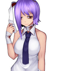 Rule 34 | 1girl, alternate hair length, alternate hairstyle, animal ears, aoshima, bandaged arm, bandaged neck, bandages, bare shoulders, blood, blue necktie, breasts, collarbone, collared shirt, commentary request, injury, large breasts, necktie, purple hair, rabbit ears, red eyes, reisen udongein inaba, shirt, short hair, sleeveless, sleeveless shirt, solo, touhou