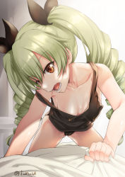 Rule 34 | 10s, 1girl, all fours, anchovy (girls und panzer), bare shoulders, black panties, black tank top, blush, breasts, cameltoe, collarbone, commentary request, covered erect nipples, downblouse, drill hair, girls und panzer, green hair, hanging breasts, inu (aerodog), long hair, looking at viewer, medium breasts, no bra, off shoulder, panties, red eyes, shiny skin, solo, strap slip, tank top, teeth, twin drills, twintails, underwear