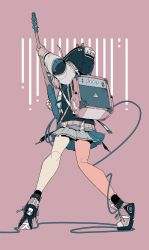 Rule 34 | 1girl, backpack, bag, black footwear, commentary request, daisukerichard, flat color, from behind, gloves, guitar, highres, holding, holding instrument, hood, instrument, jacket, long sleeves, looking away, miniskirt, original, pink background, shoes, simple background, skirt, solo