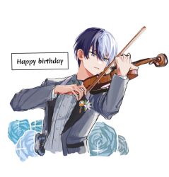 Rule 34 | 1boy, aoyagi touya, blue flower, blue hair, blue rose, bow (music), buttons, commentary request, dark blue hair, flower, grey eyes, hair between eyes, happy birthday, highres, holding, holding bow (music), holding instrument, instrument, lapels, long sleeves, male focus, mole, mole under eye, multicolored hair, parted lips, project sekai, rose, short hair, solo, split-color hair, two-tone hair, upper body, white background, x25670782
