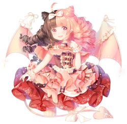 Rule 34 | bow, brown hair, cake, commission, demon girl, demon tail, demon wings, dress, drill hair, food, frilled dress, frills, multicolored hair, original, pink eyes, pink hair, tail, tonowa, wings
