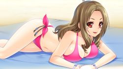 Rule 34 | 1girl, amagai yukino, bare shoulders, bikini, breasts, brown hair, cleavage, game cg, large breasts, legs, long hair, looking at viewer, lying, on stomach, red eyes, sand, smile, solo, swimsuit, thighs, tsuyokiss next shokaiban
