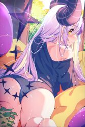 Rule 34 | 1girl, absurdres, armpit crease, ass, bare shoulders, black horns, blush, demon girl, demon horns, grey hair, highres, hololive, horns, indoors, la+ darknesss, long hair, looking at viewer, looking back, lying, multicolored hair, on stomach, plant, purple hair, purple horns, shirt, solo, streaked hair, striped horns, t-shirt, tail, the0neulost, thighs, virtual youtuber, window