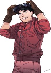Rule 34 | 1980s (style), 1boy, akira (manga), bad id, bad pixiv id, black hair, brown eyes, dated, gloves, goggles, goggles on head, grin, highres, icym, jacket, kaneda shoutarou (akira), looking away, male focus, oldschool, retro artstyle, short hair, smile, solo, standing, white background