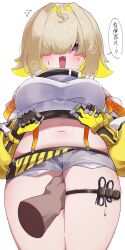 Rule 34 | 1girl, 1other, @ @, ahoge, between legs, black gloves, black sports bra, blonde hair, blush, breasts, crop top, cropped sweater, elegg (nikke), exposed pocket, gloves, goddess of victory: nikke, grey shorts, hair intakes, hair over eyes, hand between legs, large breasts, long bangs, long sleeves, meme, micro shorts, midriff, multicolored clothes, multicolored gloves, multicolored hair, navel, open mouth, pov cheek grabbing (meme), purple eyes, short hair, shorts, sports bra, suspender shorts, suspenders, sweatdrop, thigh strap, thighs, two-tone hair, uuu momo 0033, yellow gloves