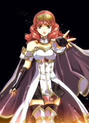 Rule 34 | 1girl, armor, breastplate, cape, celica (fire emblem), fingerless gloves, fire emblem, fire emblem echoes: shadows of valentia, fire emblem gaiden, gloves, hikaru (mikan0407), holding, looking at viewer, nintendo, red eyes, red hair, solo, tears, thighhighs, tiara
