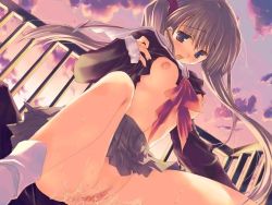 Rule 34 | 1girl, aftersex, breasts, clitoris, clothes lift, cloud, eyebrows, game cg, highres, mitsumi misato, nipples, no bra, no panties, open clothes, open mouth, open shirt, outdoors, penis, pleated skirt, pov, purple eyes, pussy, pussy juice, school uniform, serafuku, shirt, shirt lift, skirt, sky, socks, solo, squatting, straddling, sumadera yukio, sunset, tenshi no inai 12-gatsu, third-party edit, twintails, uncensored