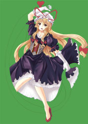 Rule 34 | 1girl, bad id, bad pixiv id, bare legs, blonde hair, bow, corset, dress, dual wielding, elbow gloves, female focus, folding fan, full body, gloves, green background, hair bow, hand fan, hat, hat ribbon, high heels, holding, long hair, looking at viewer, low-tied long hair, mob cap, multiple hair bows, oimari, puffy short sleeves, puffy sleeves, red bow, red eyes, red ribbon, ribbon, shoes, short sleeves, simple background, solo, touhou, yakumo yukari