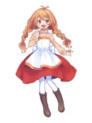 Rule 34 | 100 percent orange juice, 1girl, apron, back bow, blush, boots, bow, braid, breasts, brown footwear, brown shirt, flying red barrel, full body, happy, long hair, long sleeves, looking at viewer, marc (orange juice), oita, open mouth, orange eyes, orange hair, pantyhose, red skirt, shirt, simple background, skirt, small breasts, twin braids, waist apron, waist bow, white apron, white background, white bow, white pantyhose