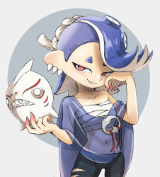 Rule 34 | 1girl, absurdres, black pants, blue hair, blue shawl, cephalopod eyes, chest sarashi, collarbone, commentary request, cowboy shot, grey background, highres, holding, holding mask, mask, medium hair, midriff, navel, nintendo, octoling, pants, red eyes, sarashi, shawl, shiver (splatoon), smile, solo, splatoon (series), splatoon 3, standing, teeth, tentacle hair, torn clothes, torn pants, two-tone background, unworn mask, user aaww2288, white background