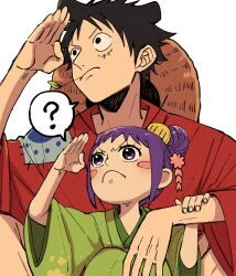 Rule 34 | 1boy, 1girl, ?, black hair, blush stickers, child, closed mouth, facial scar, green kimono, hair ornament, hand on another&#039;s arm, hand up, hat, highres, japanese clothes, kimono, kurozumi tama, long hair, m (user gjgn8588), monkey d. luffy, official alternate costume, one piece, purple eyes, purple hair, red kimono, scar, scar on cheek, scar on face, short hair, speech bubble, spoken question mark, straw hat, unworn hat, unworn headwear, upper body, white background, wide sleeves