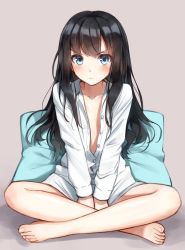 Rule 34 | 1girl, bad id, bad twitter id, barefoot, black hair, blue eyes, blush, character request, closed mouth, collarbone, copyright request, feet, flat chest, highres, looking at viewer, sitting, solo, superpig, unbuttoned