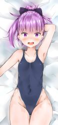 Rule 34 | 1girl, arm behind head, arm up, armpits, competition swimsuit, covered navel, dakimakura (medium), fate/grand order, fate (series), groin, helena blavatsky (fate), highleg, highleg swimsuit, highres, long hair, lying, on back, one-piece swimsuit, open mouth, ponytail, popola (artist), purple eyes, purple hair, ribbon, solo, swimsuit