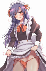 Rule 34 | 1boy, apron, black shirt, blush, bow, bowtie, breath, bulge, buttons, clothes lift, commentary request, covered testicles, dress, dress lift, erection, erection under clothes, hair between eyes, hair intakes, highres, lifting own clothes, long hair, long sleeves, maid, maid apron, maid headdress, momoyama, motion lines, open mouth, original, panties, penis, penis in panties, purple hair, red panties, shiny clothes, shiny skin, shirt, side-tie panties, simple background, smile, solo, solo focus, testicles, thighs, trap, underwear, white background, yellow eyes