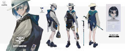 Rule 34 | 1boy, absurdres, aqua hood, bag, barcode, bishounen, black bag, black footwear, black hair, black vest, blue eyes, blue hair, boots, bowler hat, bright pupils, cane, chinese commentary, closed mouth, colored inner hair, commentary request, from behind, from side, grey background, hair between eyes, hat, highres, holding, holding bag, hood, hood down, hoodie, knees, letterboxed, long sleeves, male focus, multicolored hair, multiple views, original, outside border, pink lips, sample watermark, shaqiu shichen, shorts, sleeves past fingers, sleeves past wrists, smile, solo, straight-on, vest, watermark, weapon behind back, weibo watermark, white hat, white hoodie, white pupils, white shorts