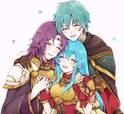 Rule 34 | 1girl, 2boys, aqua hair, armor, blue hair, blush, breastplate, breasts, brother and sister, brown cape, brown gloves, cape, circlet, closed eyes, commentary request, eirika (fire emblem), ephraim (fire emblem), fingerless gloves, fire emblem, fire emblem: the sacred stones, fleur-de-lis, flower, gloves, gold trim, hair between eyes, hand on another&#039;s shoulder, happy, highres, holding hands, hug, hug from behind, long hair, lyon (fire emblem), medium breasts, misato hao, multiple boys, nintendo, open mouth, pauldrons, purple hair, purple tunic, red cape, red gloves, red shirt, shirt, short hair, short sleeves, shoulder armor, siblings, sidelocks, simple background, smile, twins, two-tone cape, upper body, very long hair, white background, wide sleeves, yellow cape
