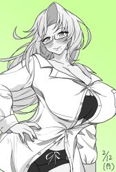 Rule 34 | action taimanin, black shorts, blush, breasts, cleavage, emily simmons, glasses, hand on own hip, huge breasts, lab coat, lilith-soft, lipstick, long hair, long shirt, long sleeves, makeup, mole, mole under mouth, navel, shirt, shorts, smile, taimanin (series), unbuttoned, unbuttoned shirt, very long hair, white shirt