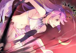 Rule 34 | 1girl, angel wings, asymmetrical legwear, blush, breasts, bridal gauntlets, spiked halo, crop top, cross, feathered wings, fuchima, gloves, halo, jibril (no game no life), long hair, low wings, magic circle, medium breasts, midriff, mismatched legwear, navel, no game no life, pink hair, scythe, sideboob, solo, symbol-shaped pupils, tattoo, thighhighs, very long hair, white wings, wing ears, wings, yellow eyes