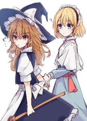 Rule 34 | 2girls, ?, alice margatroid, aoi (annbi), apron, belt, black dress, black headwear, blonde hair, blue dress, blue eyes, bow, broom, cape, closed mouth, dress, frills, hair between eyes, hair bow, hairband, hand up, hat, hat bow, holding hands, kirisame marisa, long hair, long sleeves, looking at another, looking to the side, multiple girls, puffy short sleeves, puffy sleeves, red belt, red bow, red hairband, red neckwear, shaded face, shirt, short hair, short sleeves, simple background, touhou, white apron, white background, white bow, white cape, white shirt, witch hat, yellow eyes