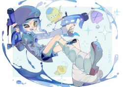 Rule 34 | 1girl, ;d, badge, beret, black shorts, blue background, blue hair, blue tongue, blush, boots, border, brown pupils, button badge, collared shirt, colored tongue, commentary request, dapple dualies (splatoon), dual wielding, fangs, gift art, green eyes, grey shirt, gun, halo, hand up, hat, highres, holding, holding gun, holding weapon, jacket, knee boots, long sleeves, looking at viewer, medal, nintendo, octoling, octoling girl, octoling player character, one eye closed, open mouth, outside border, p-pepper, paint, paint splatter, paint splatter on face, purple eyes, purple hat, purple jacket, shirt, short hair, short shorts, shorts, sidelocks, simple background, smile, solo, sparkle, splatoon (series), stuffed animal, stuffed bird, stuffed toy, tentacle hair, thick eyebrows, weapon, white border, white footwear, zipper, zipper pull tab