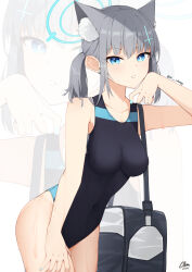 Rule 34 | 1girl, animal ear fluff, animal ears, artist logo, bag, black one-piece swimsuit, blue archive, blue eyes, breasts, competition swimsuit, covered navel, cowboy shot, cross hair ornament, extra ears, grey hair, hair ornament, halo, highres, leaning forward, low ponytail, medium breasts, medium hair, mismatched pupils, multicolored clothes, multicolored swimsuit, one-piece swimsuit, shiroko (blue archive), shiroko (swimsuit) (blue archive), simple background, solo, swimsuit, twitter username, white background, wolf ears, xsan vanny, zoom layer