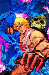 Rule 34 | 10s, 2012, black eyes, blonde hair, blue skin, colored skin, fantasy, felipe smith, fingernails, he-man, hood, long fingernails, looking at viewer, manly, masters of the universe, muscular, nail, punching, scared, signature, skeletor, skull, tan