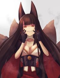 Rule 34 | 1girl, akagi (azur lane), animal ear fluff, animal ears, azur lane, black gloves, black kimono, blunt bangs, breasts, brown hair, cleavage, cleavage cutout, clothing cutout, collarbone, commentary request, eyebrows, fox ears, fox girl, fox tail, gloves, hair ornament, hakama, hakama skirt, half-closed eyes, hands on own face, highres, japanese clothes, kimono, kitsune, kyuubi, large breasts, long hair, long sleeves, looking at viewer, multiple tails, mutsuki albino, obi, open mouth, red eyes, red hakama, sash, sidelocks, simple background, skirt, slit pupils, smile, smirk, smug, solo, tail, teeth, very long hair, white background, wide sleeves, yandere