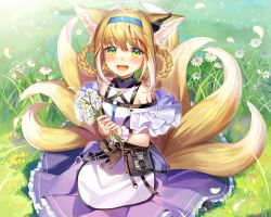 Rule 34 | 1girl, :d, animal ear fluff, animal ears, arknights, bare shoulders, blonde hair, blouse, blue hairband, braid, braided hair rings, commentary, day, flower, frilled skirt, frills, grass, hair rings, hairband, highres, holding, holding flower, infection monitor (arknights), ion (on01e), looking at viewer, multicolored hair, multiple tails, on grass, open mouth, outdoors, pleated skirt, purple skirt, shirt, sidelocks, skirt, smile, solo, sparkle, sunlight, suzuran (arknights), tail, twin braids, two-tone hair, white flower, white hair, white shirt