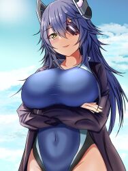 Rule 34 | 1girl, alternate hairstyle, blush, breasts, cloud, cloudy sky, crossed arms, day, eyepatch, hair between eyes, headgear, highres, huge breasts, jacket, kantai collection, long hair, looking at viewer, messy hair, montemasa, purple hair, purple jacket, sky, smile, solo, standing, stomach, sunlight, swimsuit, tenryuu (kancolle), thighs, yellow eyes