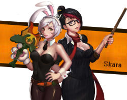 Rule 34 | 2girls, absurdres, alternate costume, artist name, bad id, bad pixiv id, bare shoulders, battle bunny riven, bespectacled, black hair, blue eyes, breasts, broken, broken sword, broken weapon, destiny yama, fiora (league of legends), glasses, hair over one eye, hair up, headmistress fiora, highres, large breasts, league of legends, lips, lipstick, looking at viewer, makeup, multicolored hair, multiple girls, pantyhose, parted lips, playboy bunny, red hair, riven (league of legends), short hair, silver hair, sword, weapon, yellow eyes