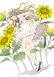 Rule 34 | 1girl, bare arms, bare legs, brown hair, commentary request, converse, dress, closed eyes, flower, head wreath, highres, kamogawa (kamogawa sodachi), kansou hada, long hair, no socks, original, shoes, smile, sneakers, solo, sunflower, white dress, white footwear