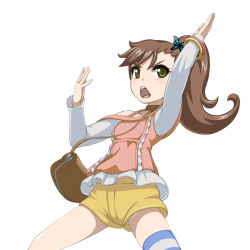 Rule 34 | &gt;:o, 1girl, :o, bag, blush, brown hair, butterfly hair ornament, caryo, chousoku henkei gyrozetter, green eyes, hair ornament, inaba rinne, long hair, lowres, midori boushi, shorts, side ponytail, simple background, single thighhigh, solo, striped clothes, striped thighhighs, thighhighs, v-shaped eyebrows, white background
