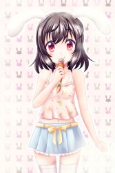 Rule 34 | 1girl, :q, animal ears, animal print, bare arms, black hair, carrot necklace, contemporary, cowboy shot, crop top, food, highres, ice cream, ice cream cone, inaba tewi, jewelry, midriff, miniskirt, navel, necklace, patterned background, pink background, pleated skirt, rabbit background, rabbit ears, rabbit print, red eyes, reimei (r758120518), short hair, skirt, smile, solo, thighhighs, tongue, tongue out, touhou, white thighhighs, zettai ryouiki