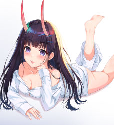 Rule 34 | 1girl, ass, azur lane, barefoot, breasts, cleavage, highres, horns, itaba atsushi, legs up, long hair, looking at viewer, medium breasts, noshiro (azur lane), noshiro (cozy enclave) (azur lane), off shoulder, official alternate costume, oni horns, panties, purple eyes, purple hair, shirt, shorts, shorts around one leg, solo, tongue, tongue out, underwear, white panties, white shirt, white shorts