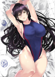 Rule 34 | 1girl, armpits, arms behind head, arms up, bare shoulders, black hair, blue one-piece swimsuit, blush, breasts, collarbone, competition swimsuit, covered navel, hair between eyes, high ponytail, highleg, highleg swimsuit, highres, idolmaster, idolmaster shiny colors, large breasts, long hair, looking at viewer, lying, on back, one-piece swimsuit, parted lips, ponytail, shirase sakuya, solo, swimsuit, thighs, yellow eyes, yuu (asaiyuji)