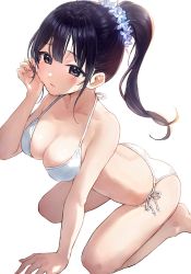 Rule 34 | 1girl, arched back, arm support, bare arms, bare shoulders, barefoot, bikini, black eyes, black hair, breasts, cleavage, flower, hair flower, hair ornament, halterneck, halterneck, hand up, highres, kneeling, large breasts, long hair, looking at viewer, original, parted lips, ponytail, side-tie bikini bottom, simple background, solo, string bikini, swimsuit, takeashiro, thighs, white background, white bikini